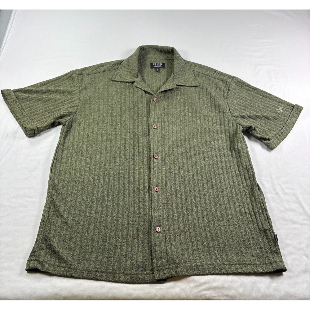 Vintage BC Ethic Shirt Mens Large Green Button Up Disco Party Textured Stretch